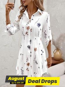 Women's Floral Print Shirt Casual Fashion Dress, Summer Chic Long Sleeve Collared Dress for Summer, Ladies Clothes for Daily Wear, Spring Dresses 2025, Classy Modest Fitted Womenswear, Casual Outfits Women, Bohemian Print Dresses, Casual Boho Breathable