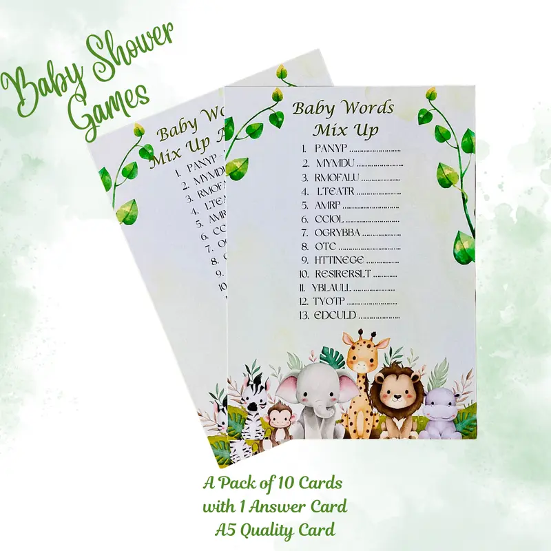 Baby Shower - Jungle Theme Baby Words Mix Up Game Pack of 10 plus 1 Answer Card 0
