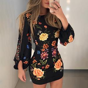 ChicMe Women's Cutout Lantern Sleeve Floral Print Bodycon Dress