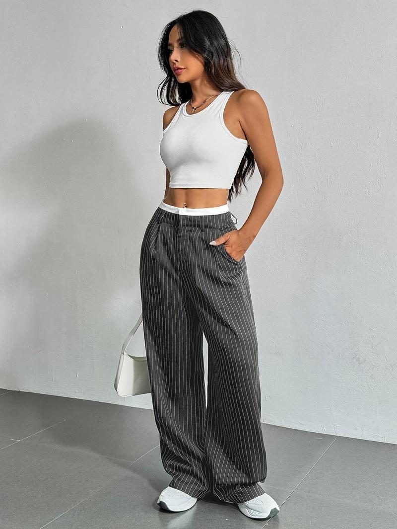 Product Introduction of Women's High-Waist Striped Wide-Leg Blazer Pants - Navy Blue & White Vertical Stripes, Polyester, Casual Style, Machine Washable, Spring/Summer/Fall Wear, Versatile Legwear | Wideleg Design | Glossy Texture, Wide Leg Pants 4