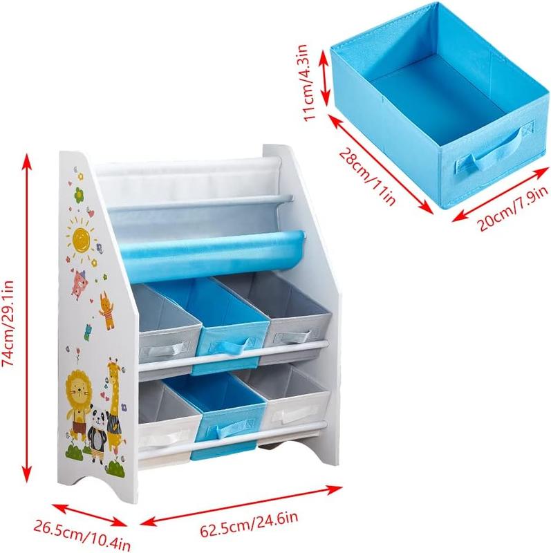 Kids Room Toys Organizer Unit, Toy Storage Unit with Storage Bins, also as Children Bookcase (6 Bins + 1 Shelf) 2