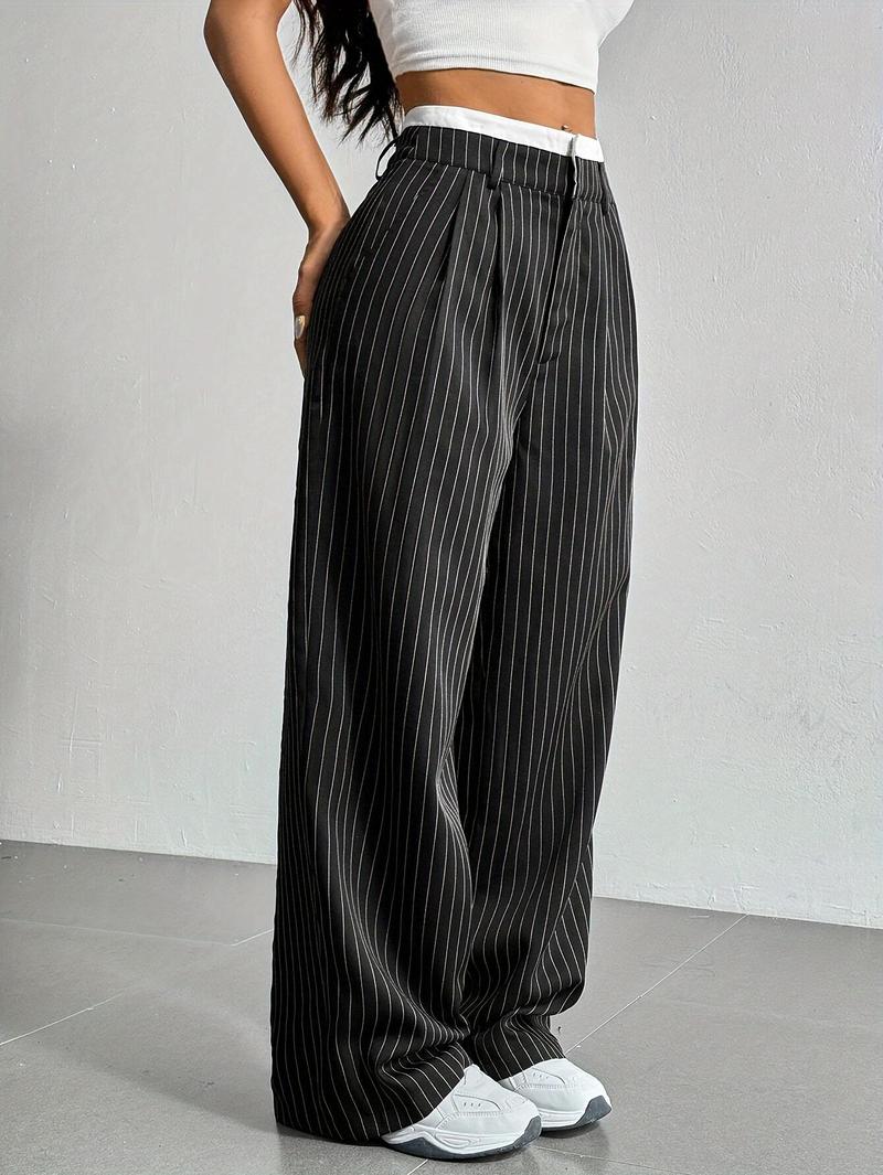Product Introduction of Women's High-Waist Striped Wide-Leg Blazer Pants - Navy Blue & White Vertical Stripes, Polyester, Casual Style, Machine Washable, Spring/Summer/Fall Wear, Versatile Legwear | Wideleg Design | Glossy Texture, Wide Leg Pants 8