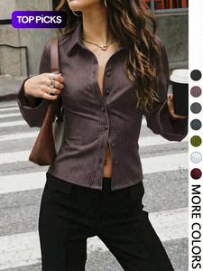 Women's V-Neck Button Front Blouse, Basic Long Sleeve Slim-Fit Casual Shirt, Top, Striped Pattern, Spring & Fall Fashion, Daily Wear