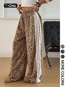 1 Piece Leopard Print Side Stripe Wide Leg Pants, Spring Summer Fall All-Season Wear, Elastic High Waist Loose Fit Trousers for Women, Y2K Streetwear, Casual Comfy Baggy Pants for Daily/Street Style