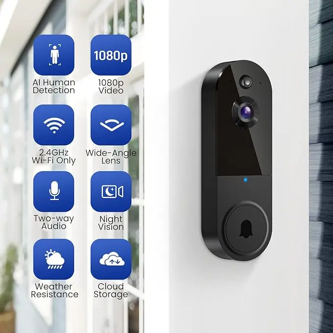 Doorbell Camera Wireless, Smart Video Doorbell Wireless with Chime 2.4Ghz WiFi – 1080P HD, Night Vision, Motion Alerts, App Control – UK Home Security (it doesn't support 5Ghz Wifi) 2