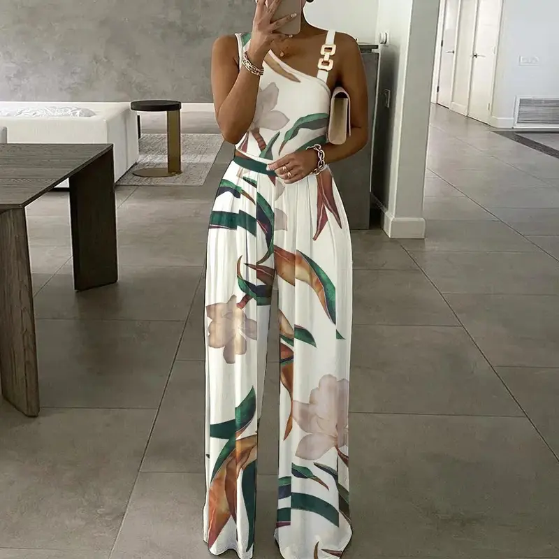 Women's Floral Print Ring Linked Asymmetrical Neck Plicated Jumpsuit, Boho Casual High Waist Wide Leg Jumpsuit for Summer, Summer Clothes 2025 4