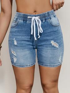 Women's Ripped Drawstring Waist Denim Shorts, High Waisted Stretchy Jean Shorts, Basic Fashion Pocket Shorts for Everyday Daily Wear, Shorts for Women, Lady Summer Bottoms, Womenswear, Denim Mom Shorts, Casual Boho Shorts