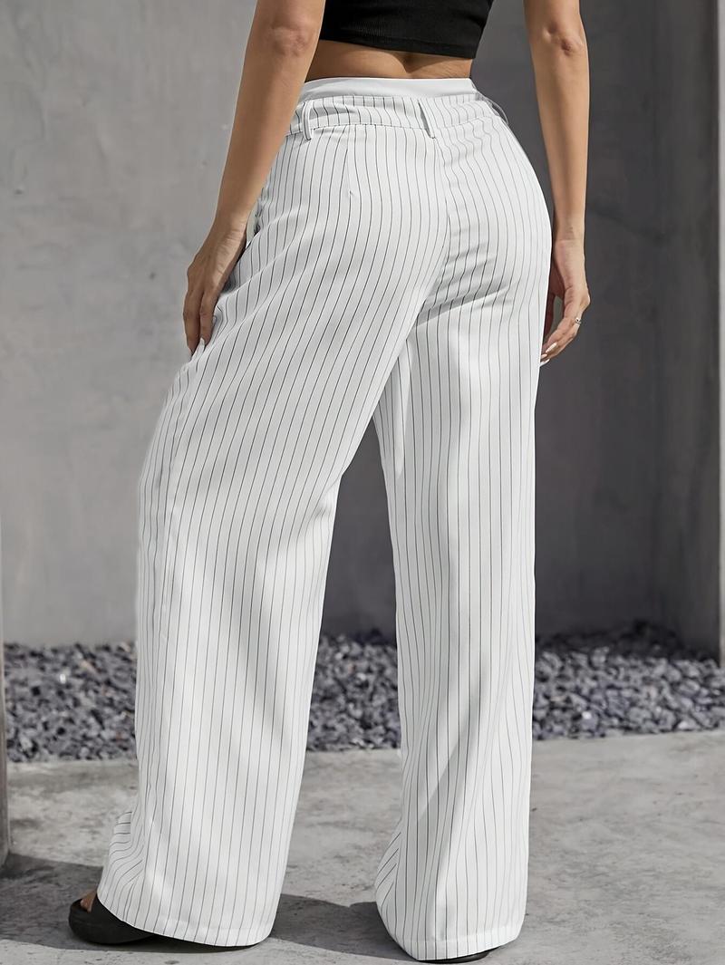 Product Introduction of Women's High-Waist Striped Wide-Leg Blazer Pants - Navy Blue & White Vertical Stripes, Polyester, Casual Style, Machine Washable, Spring/Summer/Fall Wear, Versatile Legwear | Wideleg Design | Glossy Texture, Wide Leg Pants 13