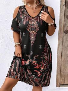 【Plus Size】 Floral Print Cold Shoulder Dress, Boho Fashion Casual Short Sleeve Dress for Daily Holiday Vacation Wear, Women Plus Clothing for Summer