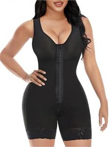 Women's Contrast Lace Shapewear Romper, Elegant Hook & Eye Closure Contrast Mesh Shaper for Daily Wear, Ladies Shapewear for All Seasons, Solid Shapewear, Black