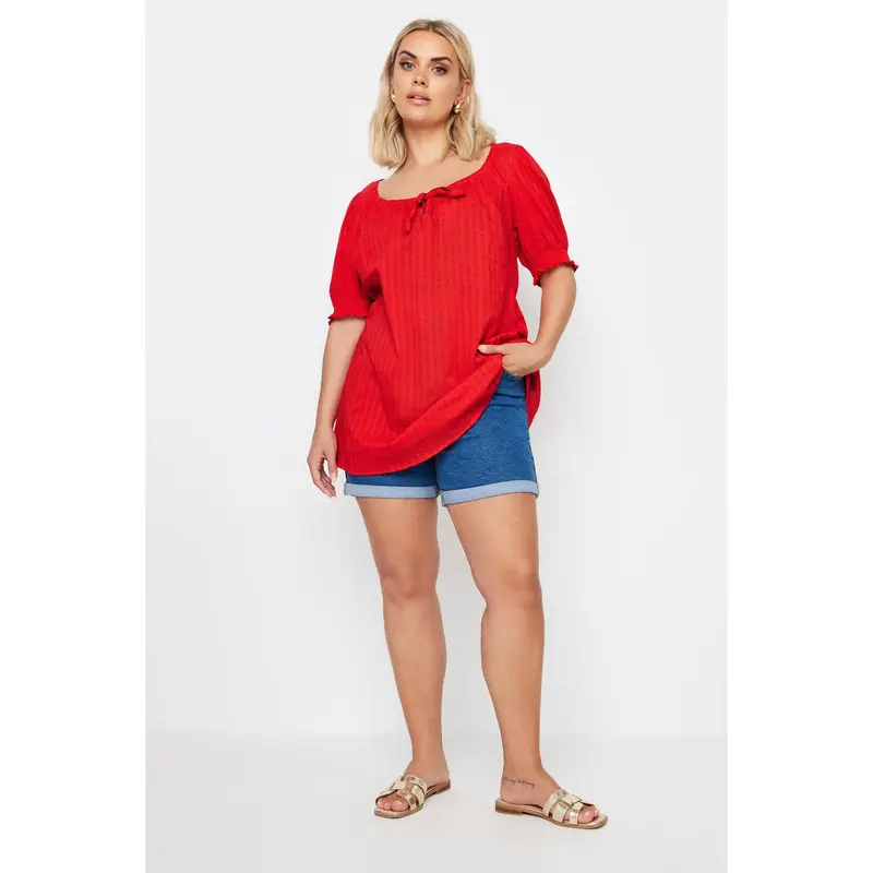 YOURS Curve Red Dobby Tie Neck Blouse 1