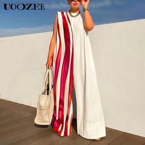 UOOZEE Women's Sleeveless Wide Leg Contrast Color Printed Shoulder Pad Striped Jumpsuits