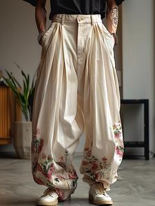 Vintage Mens Zipper Casual Bottoms Floral Wide-Leg Trousers Loose Long Pants