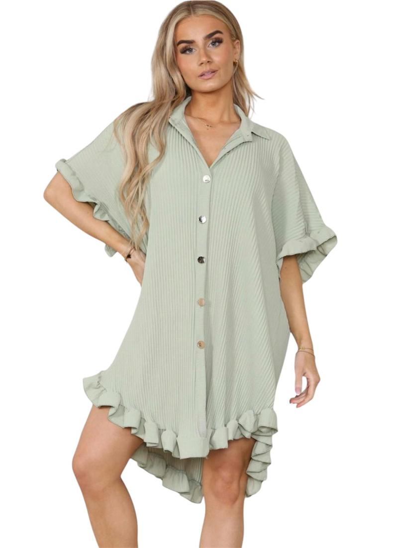 Product Introduction of Women's Lightweight Pleated Frill Hem Shirt Dress - Casual Loose Fit Collared Tunic with Gold Buttons - Comfort, Breathable 13