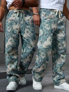 Men's Ditsy Floral Print Drawstring Waist Pants, Casual Comfy Regular Fit Pocket Straight Leg Trousers for Fall & Winter, Men's Bottoms for Daily Wear