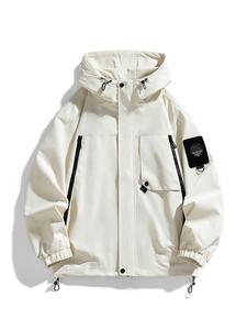 Women's Solid Color Letter Patched Drawstring Hooded Skiing Jacket, Jackets for Women, Casual Waterproof Windproof Long Sleeve Zip Up Outerwear for Outdoor Activities, Ladies Sportswear for All Seasons, Winter Coats for Women, Rave Coat