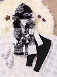 Three-Piece Set Baby Girl's Plaid Print Fuzzy Belted Vest Jacket & Plain Mock Neck Top & Leggings Set, Casual Mock Neck Outerwear & Long Sleeve Top & Skinny Pants for Fall & Winter, Infant Newborn Kids Clothes