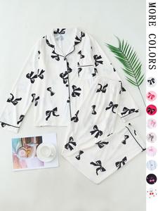 【Valentine pyjamas】Two-Piece Set Women's All Over Bow Print Lapel Neck Pocket Shirt & Pants Pyjama, Casual Comfy Long Sleeve Top & Trousers PJ Set, Women's Sleepwear for Spring & Fall