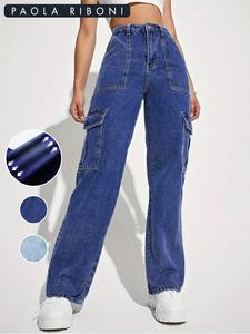 Women's Plain Flap Pocket Button Zipper Fly Cargo Pants, Street Fashion Casual Loose Trousers for Daily Outdoor Wear, Ladies Bottoms for All Seasons