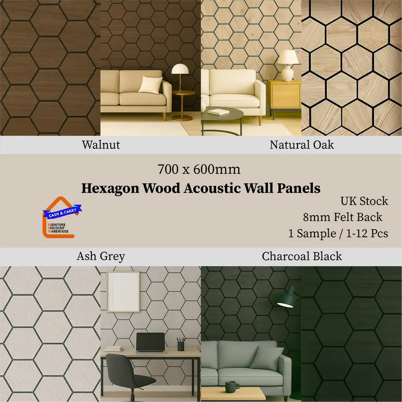 ALUXO Set of 4 Acoustic 3D HEXAGON MDF Wood Oak Walnut Wall Panel 700x600mm 4 Colour Box 1