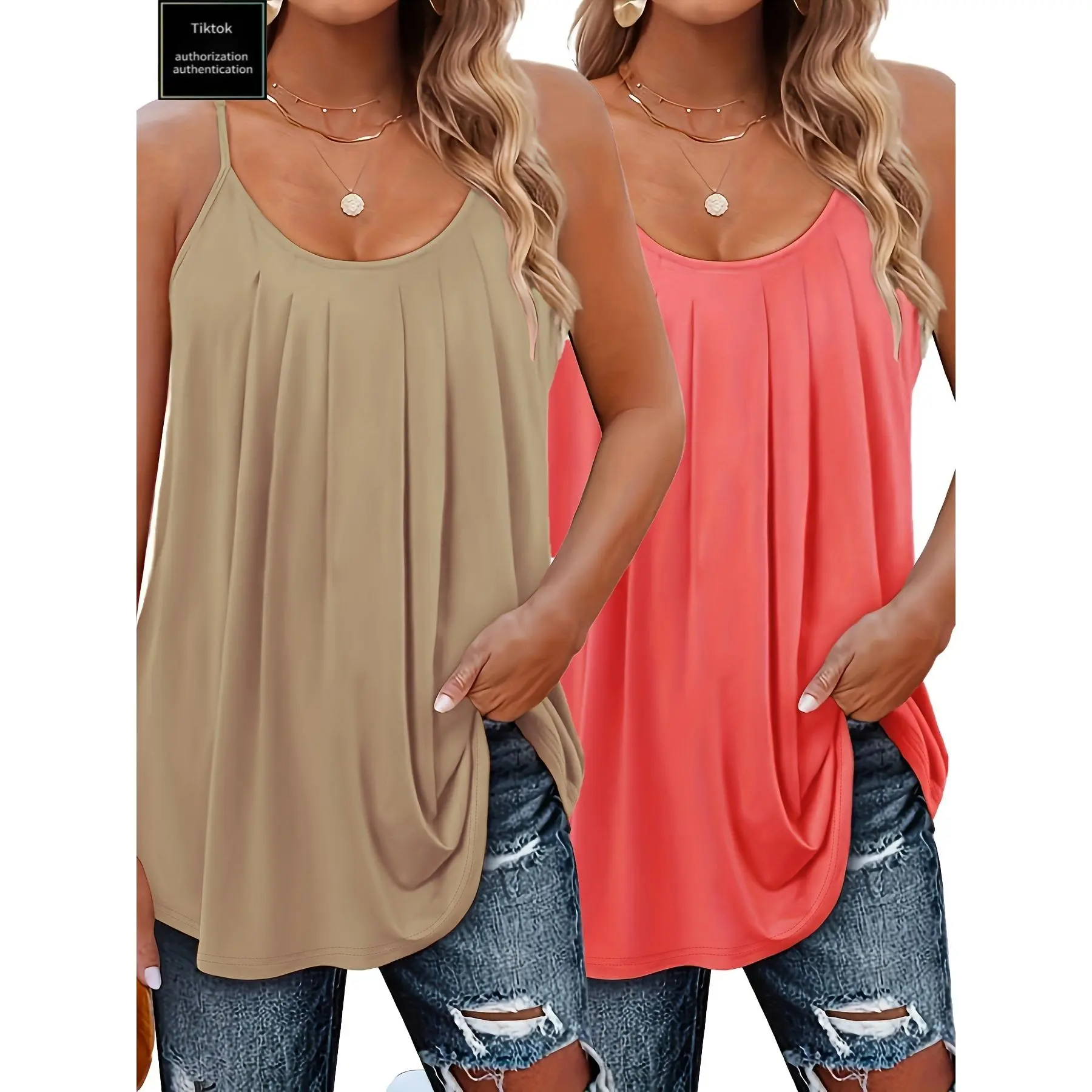 【50% discount】2-Pack Elegant Plus Size Tank Tops & Camis - Medium Stretch, Crew Neck, Solid Color, Slingback Design for Spring/Summer