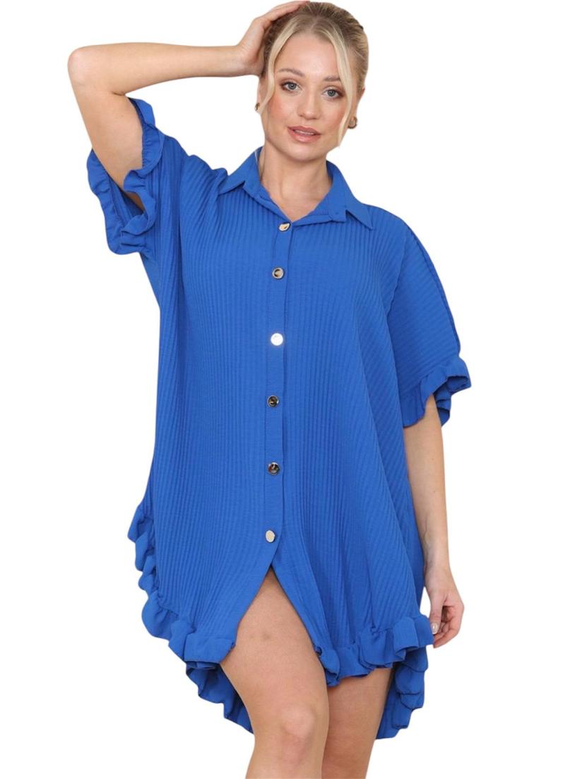 Product Introduction of Women's Lightweight Pleated Frill Hem Shirt Dress - Casual Loose Fit Collared Tunic with Gold Buttons - Comfort, Breathable 10