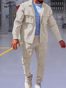 Two-Piece Set Men's Solid Button Front Pocket Jacket & Cargo Pants, Regular Fit Long Sleeve Collared Outerwear & Drawstring Waist Trousers, Men's Two-piece Outfits for Fall & Winter