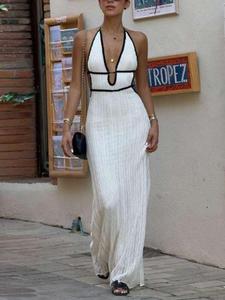 Women's Colorblock Halter Neck Backless Knit Dress, Tie Back Sleeveless Long Dress for Party Holiday Vacation, Ladies Summer Clothes