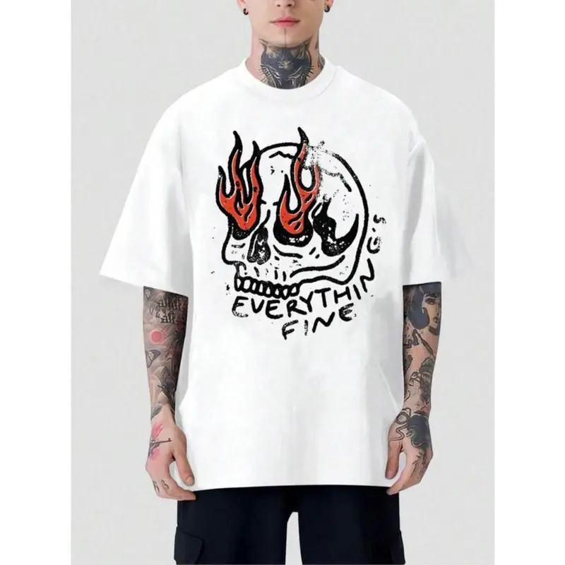 Men's Cartoon Skeleton & Letter Print Drop Shoulder Tee, Regular Fit Casual Comfy Round Neck Half Sleeve T-Shirt for Summer, Menswear for Daily Wear 0