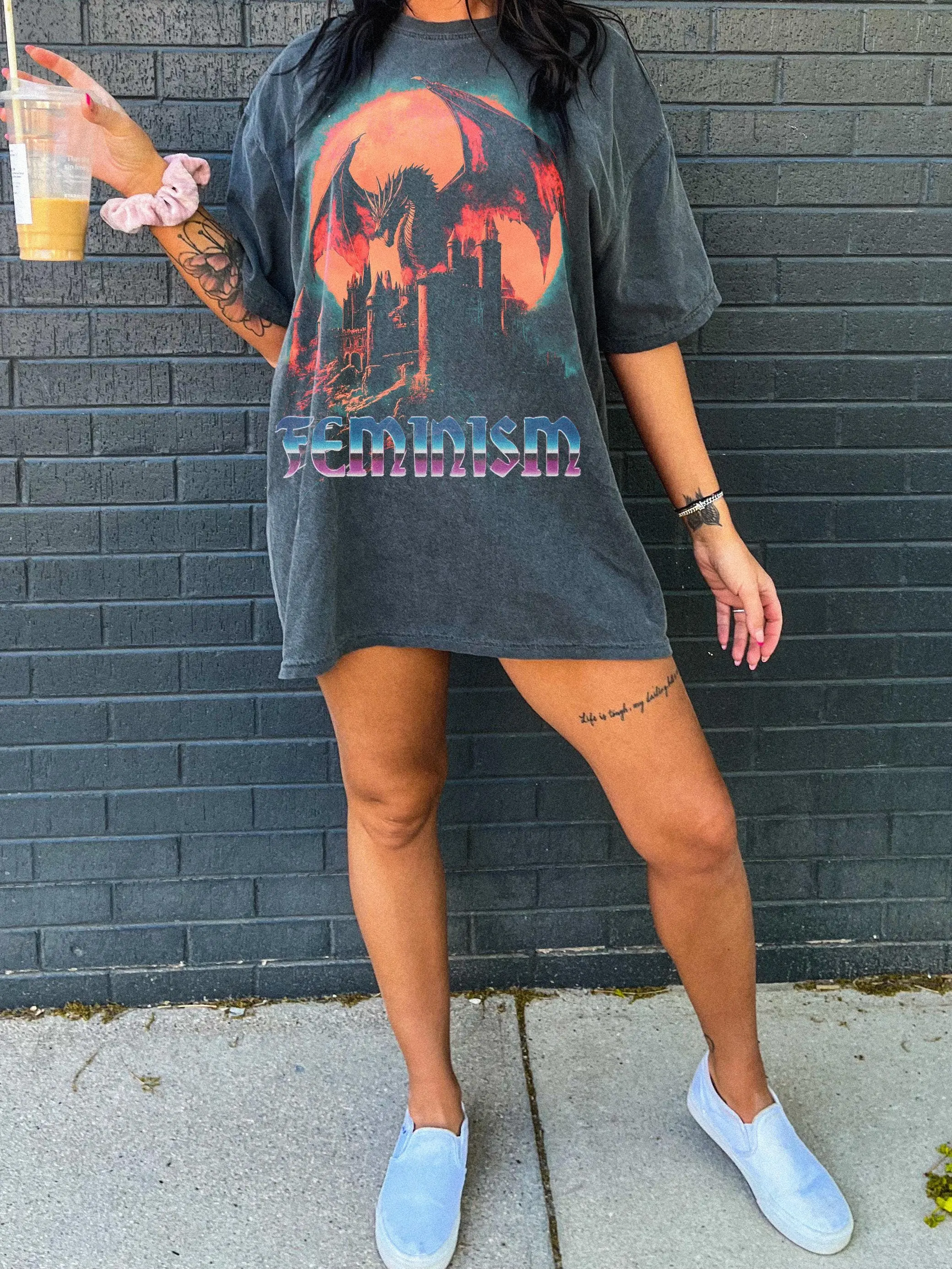 Feminism Dragon Graphic T-shirt - Gothic Fantasy Dragon Castle Tee - Feminist Dark Fantasy Tee - Vintage Feminism Graphic Tee