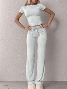 Two-Piece Set Women's Plain Crop Tee & Drawstring Waist Pants Loungewear Set, Casual Comfy Round Neck Short Sleeve Top & Trousers PJ Set, Ladies Sleepwear for All Seasons, Womenswear