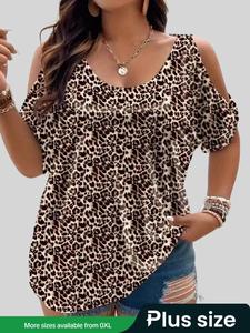 【Plus Size】Leopard Print Tee, Casual Fashion T-shirt for Summer, Women's Plus Clothing for Daily Wear, Womenswear, Tshirt, Tshirts for Women, Lady Top