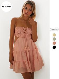 Women's Plain Frill Trim Ruched Tie Front Cami Frenchy Style Dress, Casual Backless Spaghetti Strap Short Dress, Summer Dresses for Women, Ladies Dress for Beach Holiday