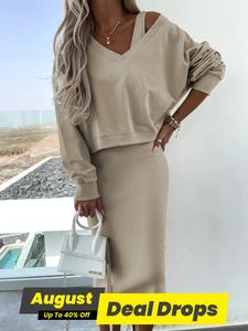 Women's Solid Long Sleeve Sweatshirt & Dress Two-piece Set, Minimalist Fashion Cozy Longsleeves Casual Formal Set for Daily Outdoor Wear, Women's Clothing for Spring & Fall, Matching Outfits, Womenswear, Knit Outfit Set, Lady