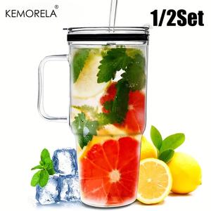Glass Cup with Lid & Straw, 1/2 Counts 40oz Clear Glass Water Cup with Handle, Drinking Cup for Home Office Outdoor Camping, Drinkware Tools