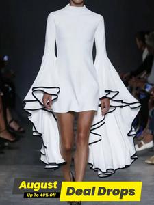 Women's Plain Flounce Sleeve Formal Dress, Chic Elegant Fashion Casual Mock Neck Short Dress for Daily Outdoor Wear, Women Dress for Spring Fall