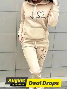 Two-Piece Set Women's Heart Print Raglan Sleeve Hoodie & Drawstring Waist Sweatpants Set, Casual Long Sleeve Hooded Pullover & Pocket Jogger Pants, Women's Fall & Winter Clothing, Holiday Outfits, Soft Clothes, Longsleeves Womenswear