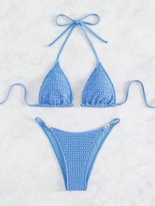 Two-Piece Set Women's Plain Textured Rhinestones Decor Bikini for Summer 2024, Casual Halter Neck Tie Back Swim Top & High Cut Swim Bottom, Ladies Summer Swimwear