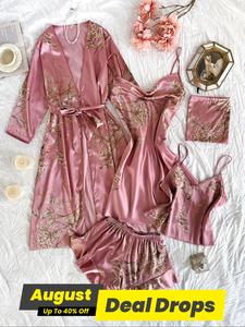 Two-Piece Set Women's Plants Print Satin Pyjama, Belted Robe & Cowl Neck Cami Night Dress & Backless Cami Top & Elastic Waist Shorts & Storage Bag Set, Casual Comfortable Sleepwear Loungewear for Women, Lady Pajama Set