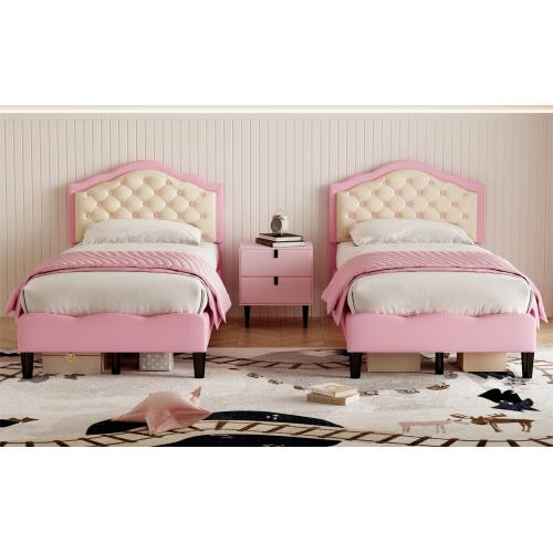 3ft/4ft6 Double Upholstered Bed Frame with Adjustable Chic Button-Tufted Headboard, PU Faux Leather Bed Frame with Solid Wood Slat, No Box Spring Needed, Easy Assembly, Pink+Beige (No Mattress) 5