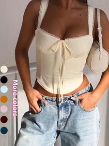 Women's Solid Color Lace Trim Short Tank Top, Casual Elegant Boho Fitted Sleeveless Cropped Top for Summer, Minimalist Fashion Women's Top for Daily Wear, Clothes for Women, Casual Fit Lady Womenswear, Camisole