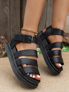 Women's Fashionable Solid Color Platform Sandals, Leather Sandals, Strap Sandals,  Ladies Sandals, Trending Sandals, Casual Versatile Platform Sandals for Beach Vacation, Summer Sandals, All-match Commuter Shoes for Work & Daily Wear