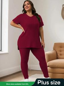 【Plus Size】Solid Color Short Sleeve Ribbed Tee & Elastic Waist Pants Set, Casual Fashion Cozy Two-piece Outfits for Daily Outdoor Wear, Women Clothing for Summer, Loungewear