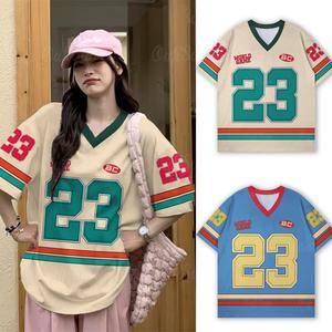 【Free Custom Name and Number】Unisex Digital Printed Sweatshirt Oversized V-neck Football Shirt Breathable Quick-drying Street Jersey T-shirt Fashion Korean Trend Short-sleeved Shirt