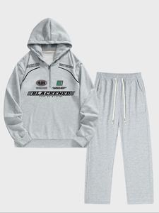 Men's Letter Print Zip Up Hoodie & Pants Two-Piece Set, Casual Long Sleeve Hooded Sweatshirt & Trousers for Spring & Fall, Men's Two-piece Outfits for Daily Wear