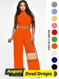 Two-piece Set Women's Solid Textured Co-ord Set, Casual Fit Round Neck Knit Sleeveless Crop Tank Top & Wide Leg High Waist Pants Set, Ladies Summer Clothes for Daily Wear, Basic Womenswear, Fabric