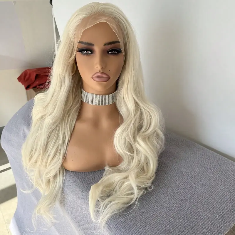 Natural Hairline Women Party Daily Wear Long Wavy Bleach Blonde Soft Glue Less Wig Synthetic Hair Layered Pre Plucked 13X4 Inch Large Area Lace Frontal Wigs 6