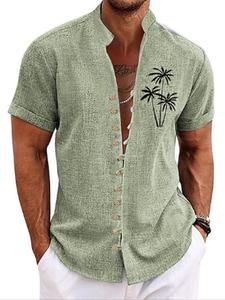 Men's Loose Coconut Tree Print Button Front Shirt, Casual Short Sleeve Mock Neck Top for Summer, Fashion Men's Clothes for Daily Wear, Menswear