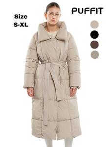 PUFFIT Long Length Belted ButtonPuffer Jacket Splashproof