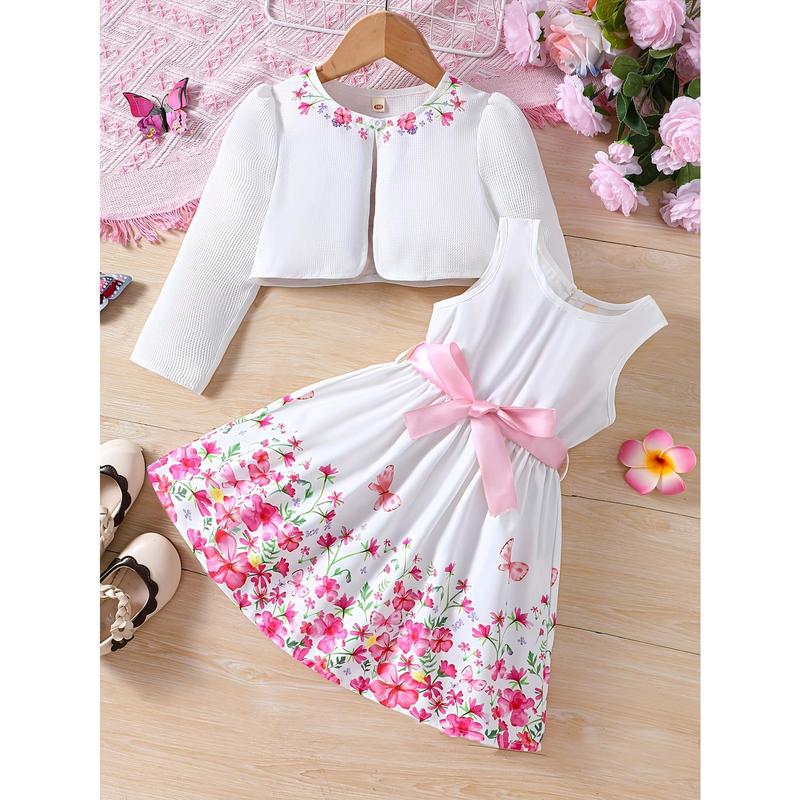 Girls' Spring Fashion 2pcs Set, Floral Print Dress with Belt Detail and Matching Cardigan, Crew Neck, Regular Fit, Polyester 100%, Non-Stretch Woven Fabric, Belted Dress for Kids, for Outdoor 2